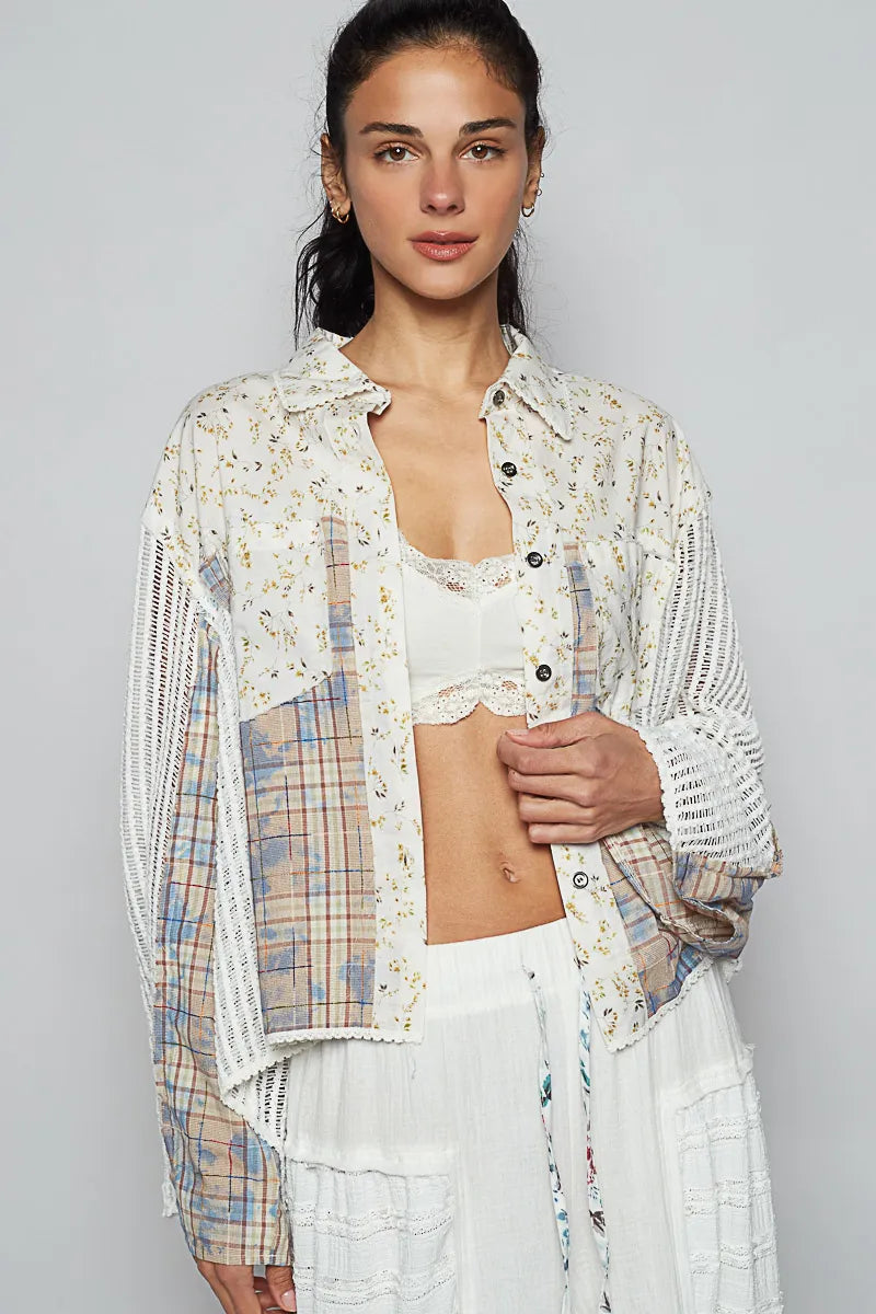 POL Ivory Floral Slit Back Plaid Patchwork Shirt Ivory