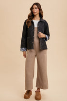 Annie Wear Black Quilted Printed Lining Snap Down Denim Jacket