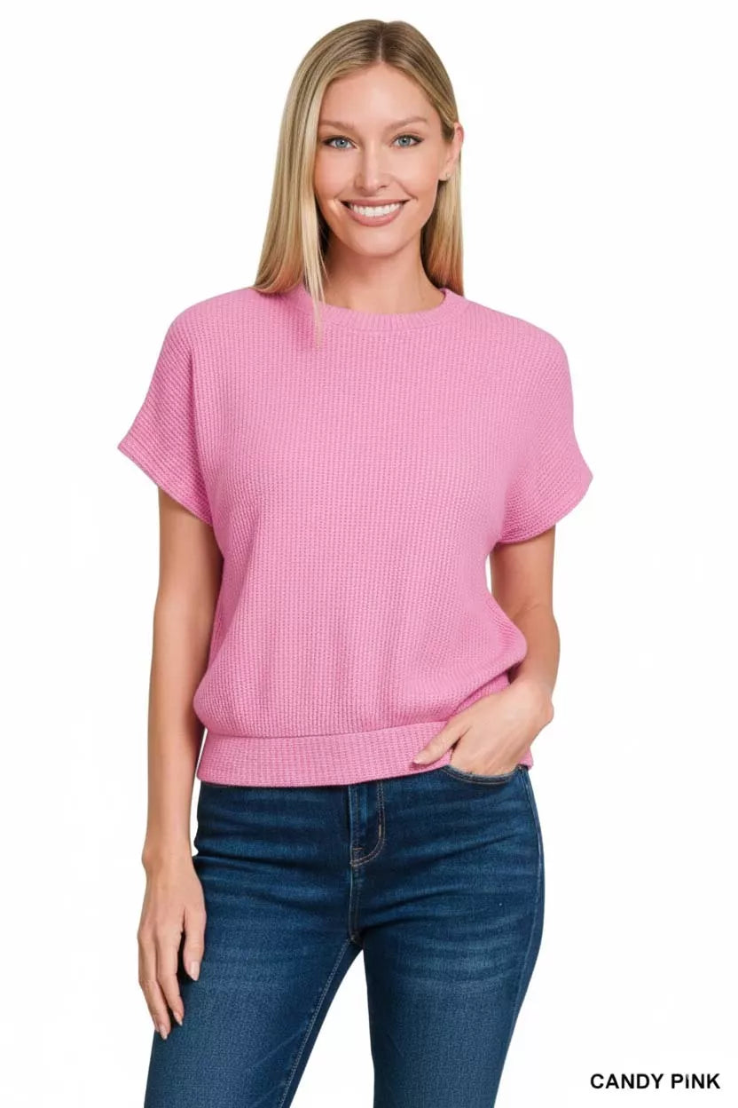 Zenana Round Neck Banded Botton Short Sleeve Sweater