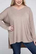 Zenana Plus Size Dolman Sleeve V-Neck Side Slit Hi-Low Hem Top ASH MOCHA ZENANA