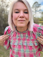 Haptics Fuchsia Plaid Shirred Yoke Flutter Sleeve Top Haptics