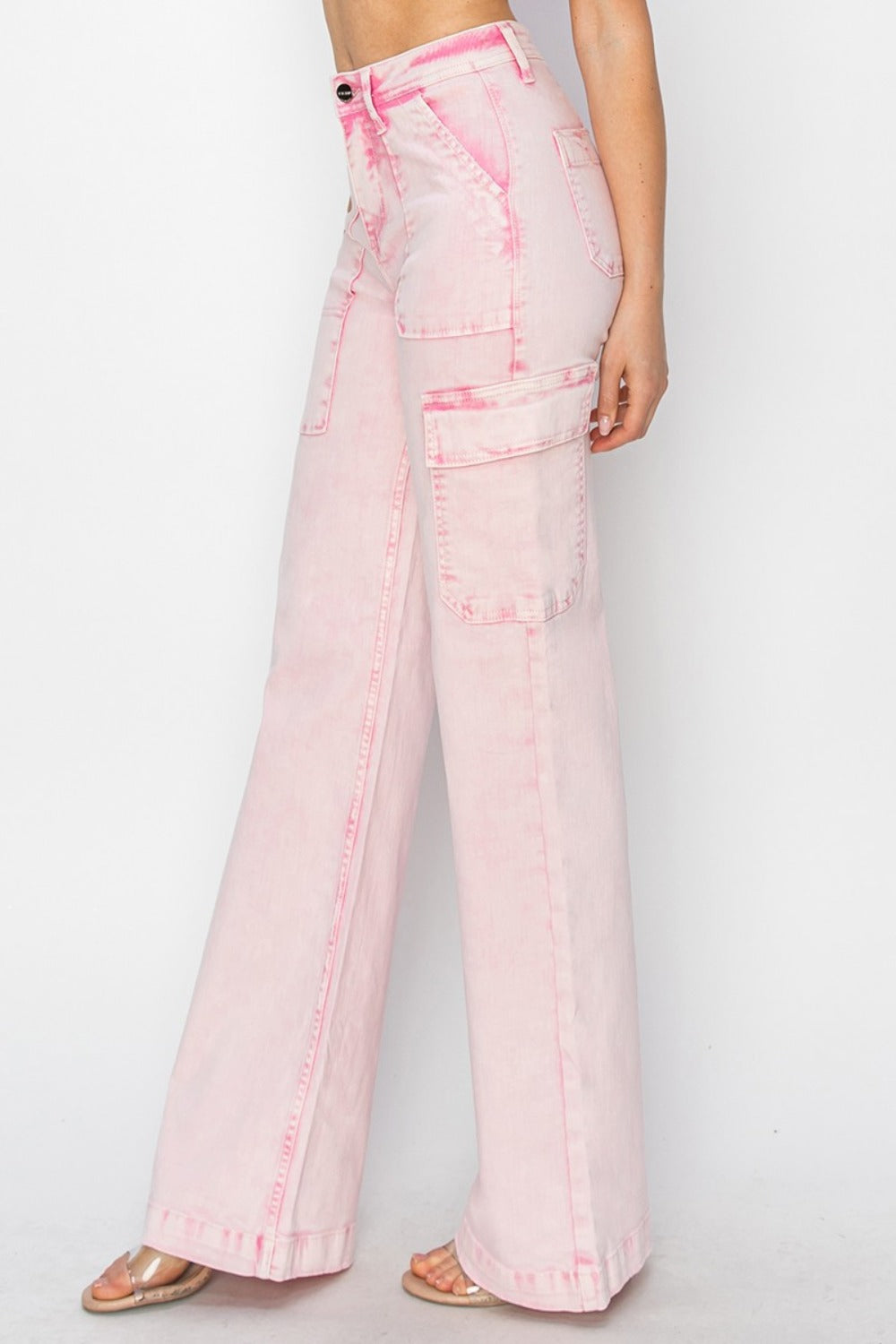 RISEN Pink Acid Washed High Rise Wide Leg Cargo Pocket Jeans Trendsi