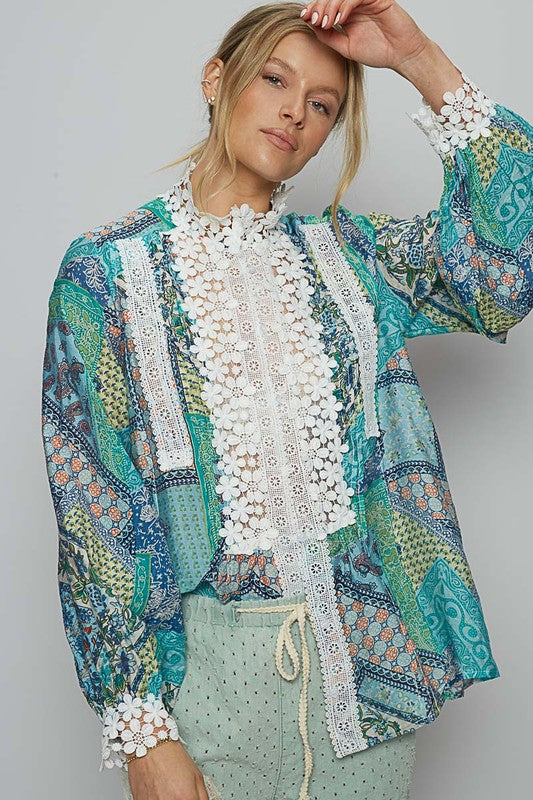 POL Teal Mock Neck Lace Detail Printed Paisley Button Down Long Sleeve Woven Top Shirts & Tops