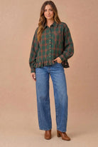 Ruffle the Rules Plaid Flannel Top in Green