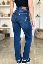 Judy Blue Dark Washed High Waist Rigid Magic Heavy Destroyef Straight Jeans Jeans