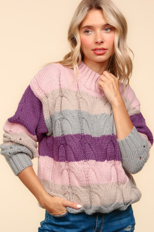 Haptics Mauve Multicolor Stripe Cable Knit Mock Neck Sweater Haptics