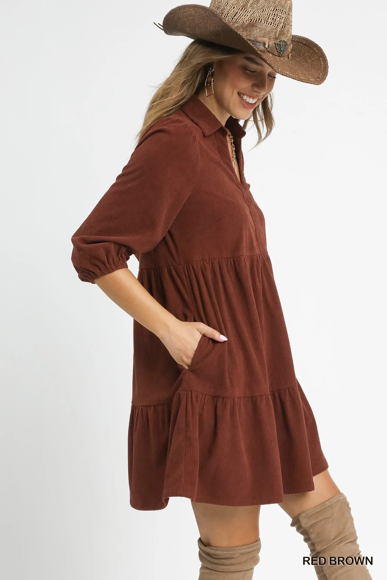 Umgee Red & Brown Tiered Corduroy Mini Dress with Balloon Sleeves
