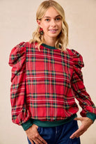 BiBi Christmas Plaid Exaggerated Shoulder Sleeves Top