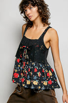 POL Black Ribbed Sleeveless Top with Lace Bust Floral Woven Patch