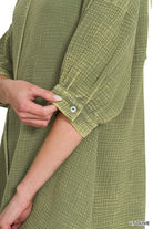 Zenana Light Olive Washed Double Gauze Button Down Shirt Dress