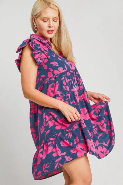 Umgee Navy & Pink Floral Print Ruffle Cap Sleeve Tiered Dress