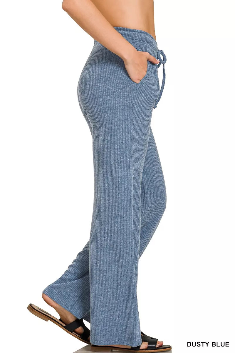 Zenana Dusty Blue Ribbed Drawstring Lounge Pants