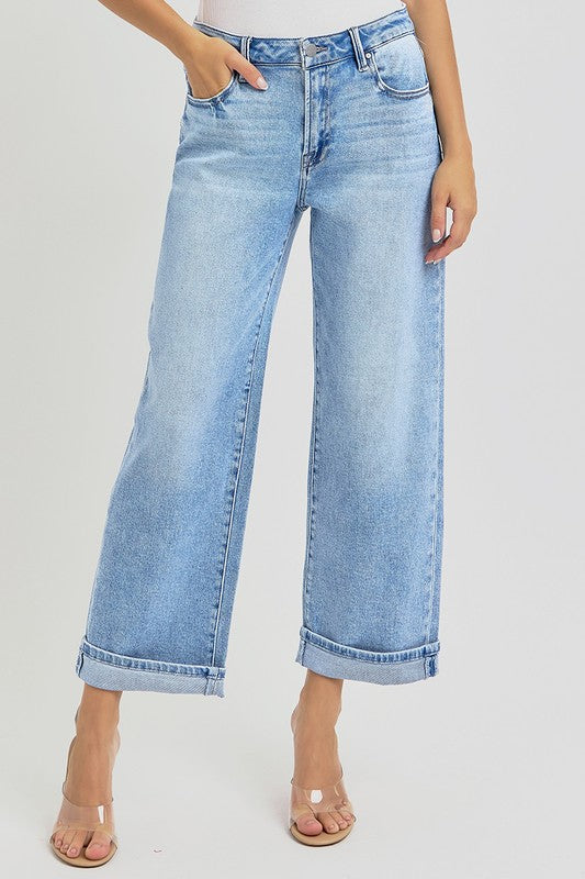 RISEN Ankle Wide Leg Cuffed Jeans Plus Size Light