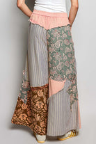 POL Peach Multi Striped Floral Patchwork Wide leg Pants with Side Big Star Patch