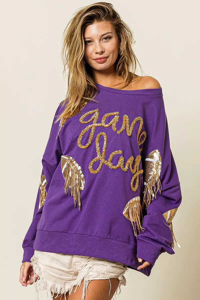 BiBi Purple & Gold Sequin Football Patches Game Day Sweatshirt