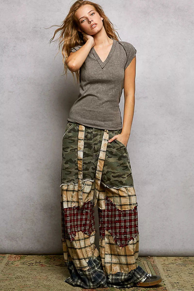 POL Charcoal V-Neck Short Sleeve Washed T-Shirt with Outseam