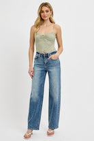 RISEN Medium Washed Distressed Wide Leg Jeans Plus Size