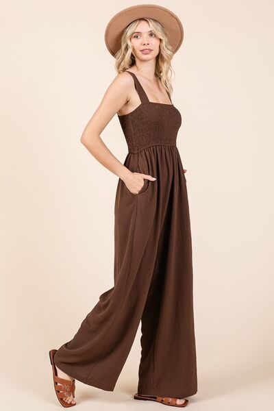 Mittoshop Airflow Ash Brown Smocked Wide Strap Wide Leg Jumpsuit