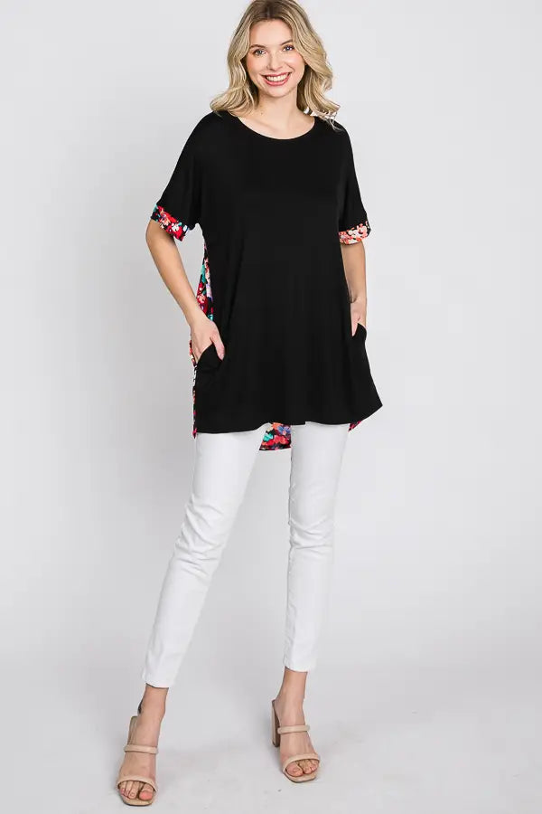 Final Sale HEIMISH Black & Floral Print Contrast Hi-Low Tunic With Crisscross Back Ruby Idol Apparel