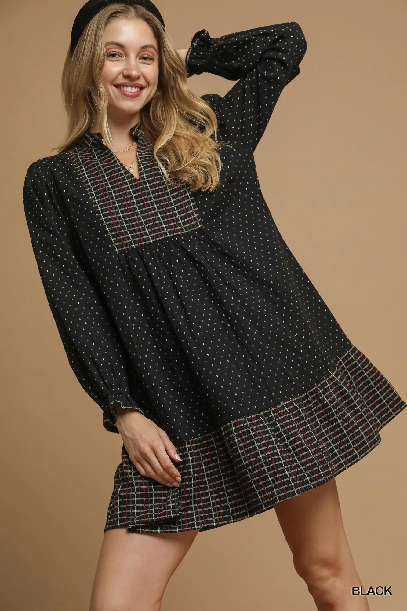 Umgee Black Polka Dot Plaid Trim Babydoll Dress Black
