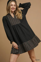 Umgee Black Polka Dot Plaid Trim Babydoll Dress Black