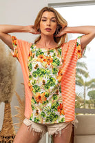 BiBi Floral W Stripe Color Block Dolman Sleeves Top
