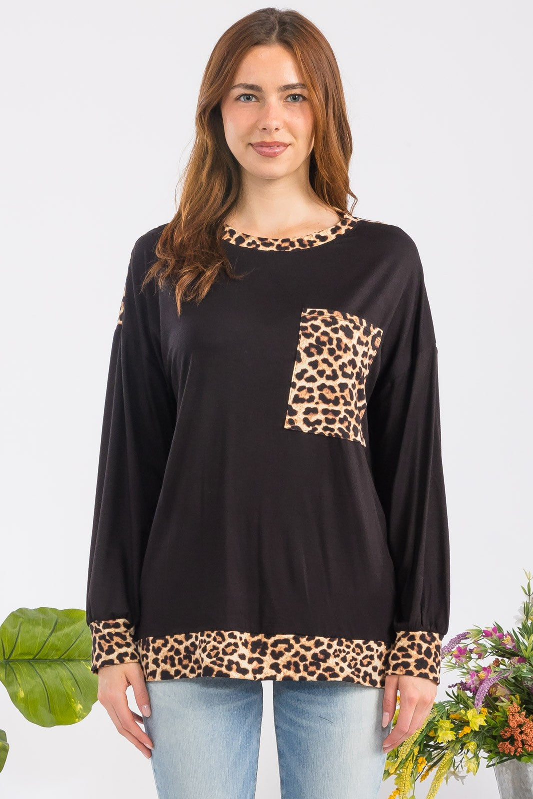 Celeste Black & Leopard Round Neck Dropped Shoulder Top Shirts & Tops