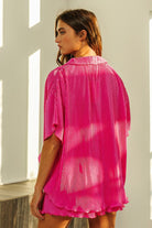 BiBi Fuchsia Pleated Short Sleeve Shirt and Shorts Set Trendsi