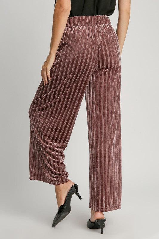 Umgee Elastic Waist Striped Wide Leg Velvet Pants Pants