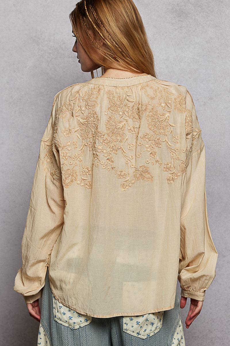POL Almond Embroidery Button Down Long Sleeve Bohemian Washed Shirt