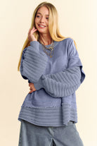 Davi & Dani Dusty Blue Faux Layered Round Neck Sweater Dusty Blue Shirts & Tops