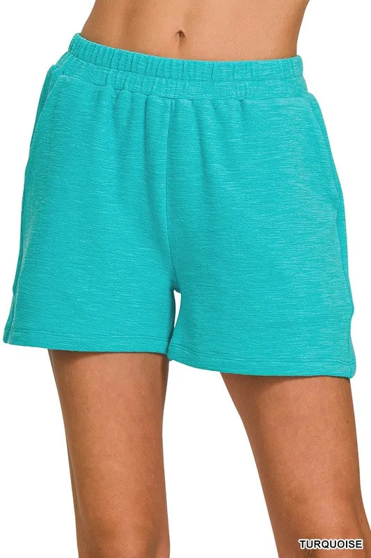Zenana Turquoise Cotton Slub Shorts TURQUOISE