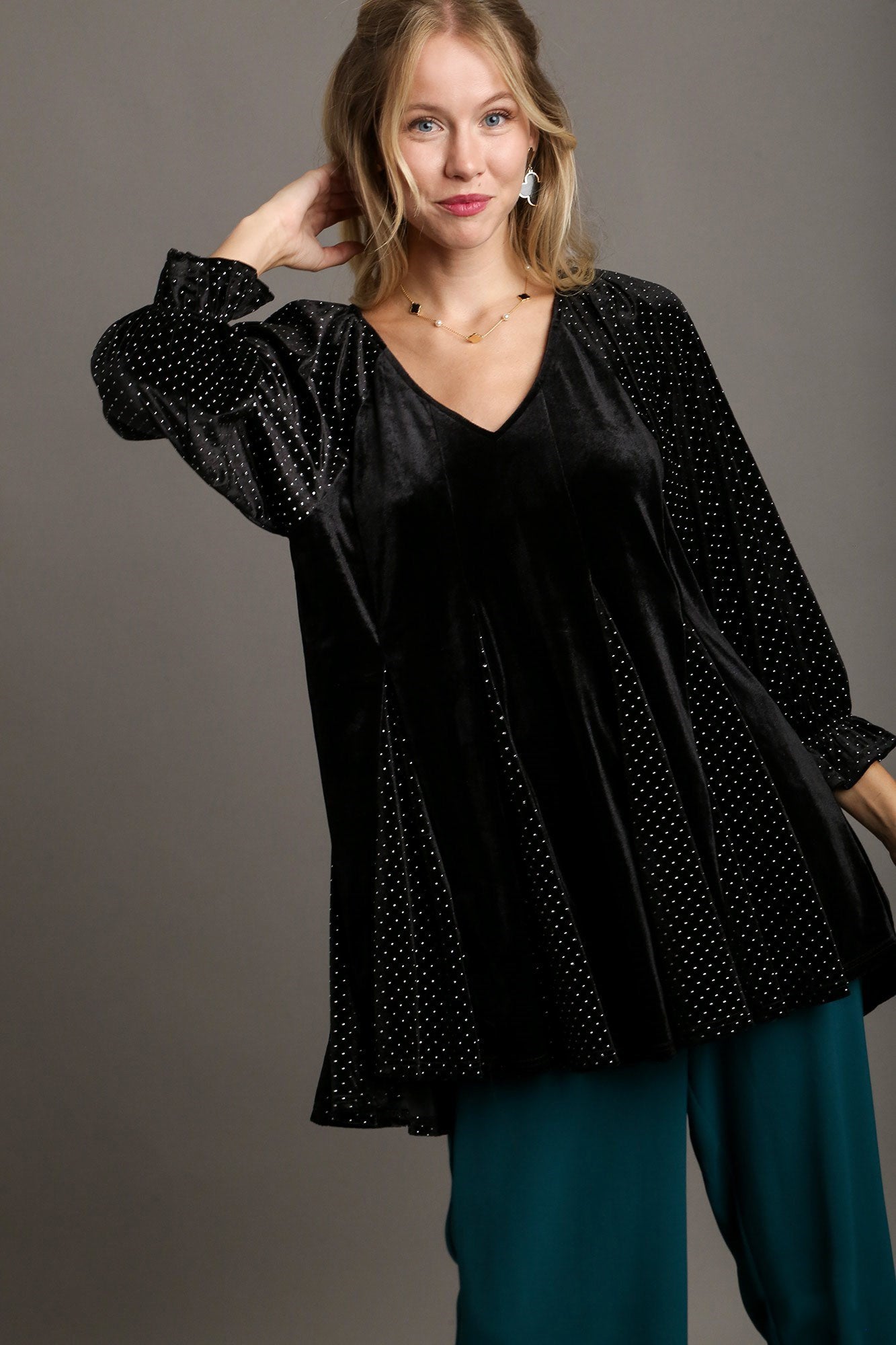 Umgee Black Godet Hem Polka Dot V-Neck Blouse Black Shirts & Tops