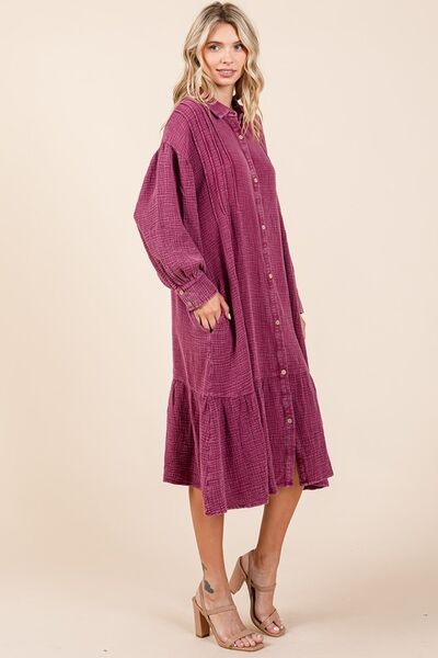 Mittoshop Deep Purple Mineral Wash Cotton Gauze Ruffle Midi Shirt Dress