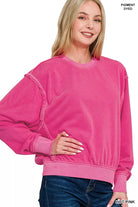 Zenana Hot Pink Soft Fleece Pigment Dye Round Neck Pullover