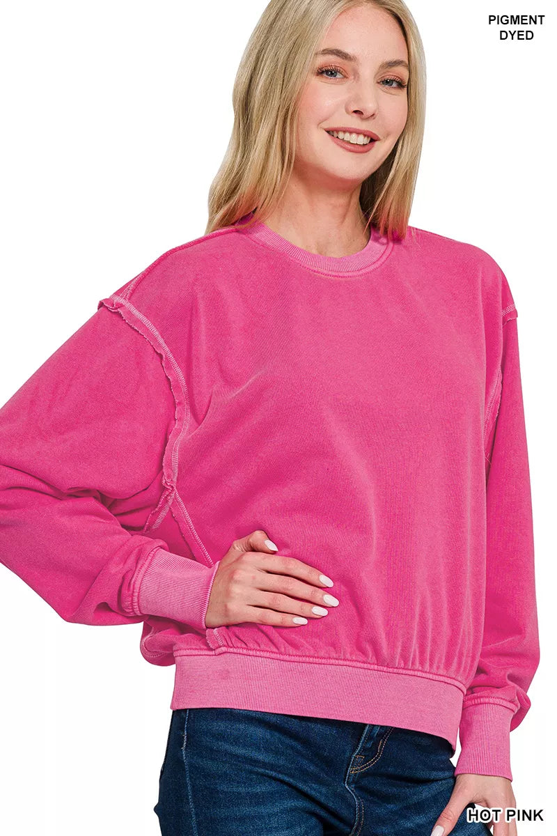 Zenana Hot Pink Soft Fleece Pigment Dye Round Neck Pullover