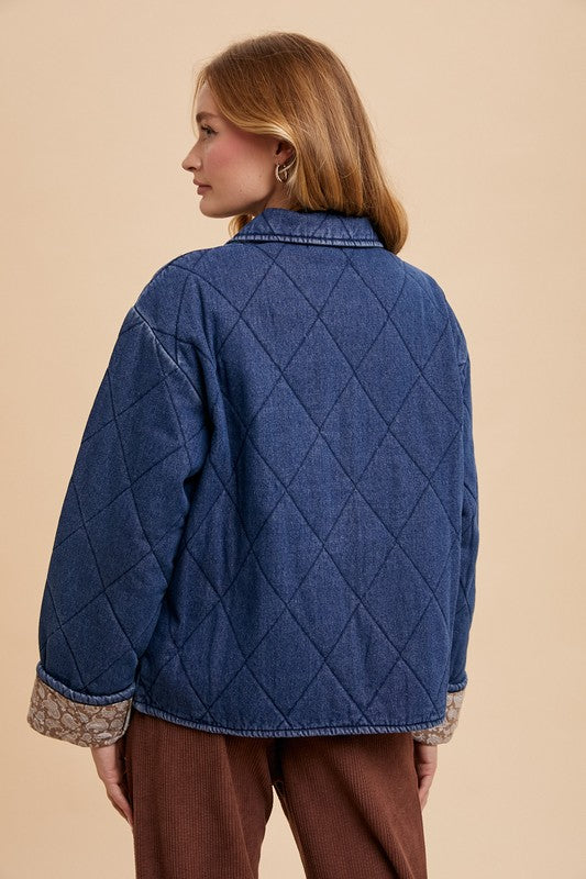 Annie Wear Dark Blue Quilted Printed Lining Snap Down Denim Jacket