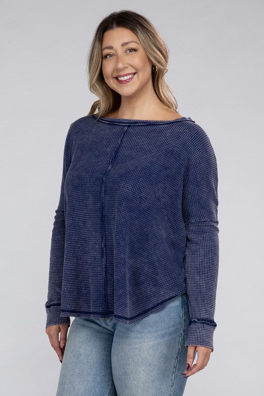 Zenana Plus Size Washed Baby Waffle Oversized Long Sleeve Top ZENANA