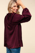 Haptics Holiday Vibes Burgundy Frill Detail Tie Neck Satin Top