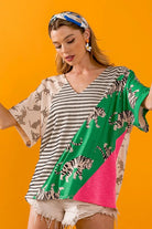 BiBi Tiger W Stripe Contrast Color Block V Neck Top
