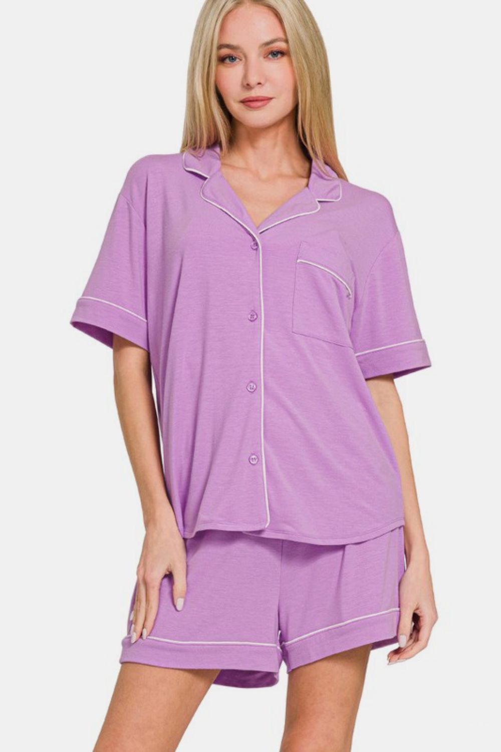 Zenana Heliotrope Purple Button Down Short Sleeve Top and Shorts Lounge Set Heliotrope Purple Loungewear