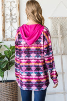 Heimish Magenta French Terry Multicolor Geometric Puff Sleeve Hoodie in MemorialDay24