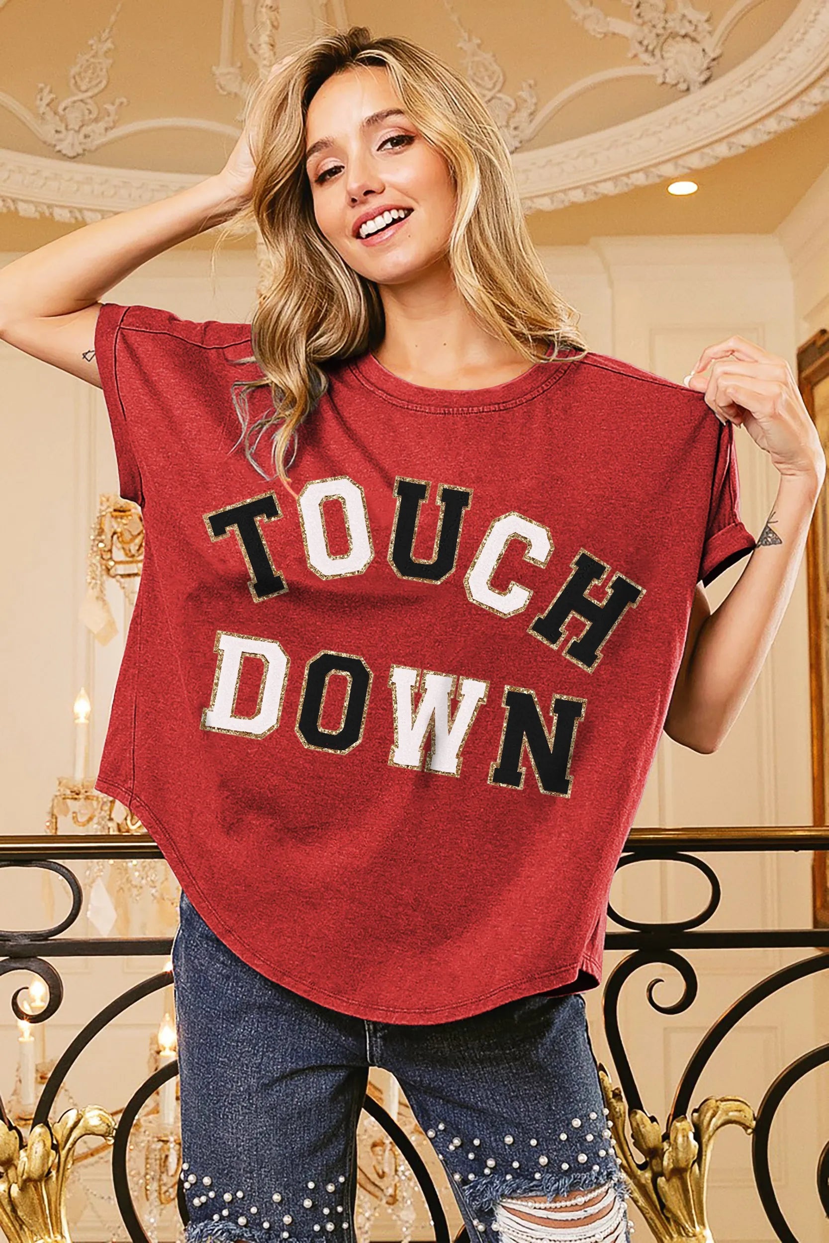 BiBi Red & Black Touchdown Letter Patches Loose Fit Vintage Washed Top RED BLACK