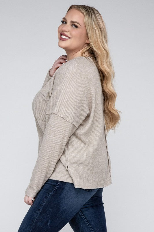 Zenana Plus Size Ribbed Brushed Melange Hacci Sweater ZENANA