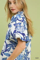 Umgee Blue Lush Blossom Print Puff Sleeve Top with Ruffle Trim Detail