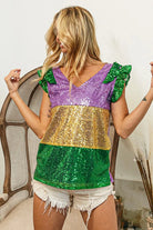 BiBi Mardi Gras Sequin Color Block Ruffled Top