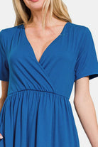 Zenana Classic Blue Surplice Short Sleeve Brushed DTY Dress Dresses