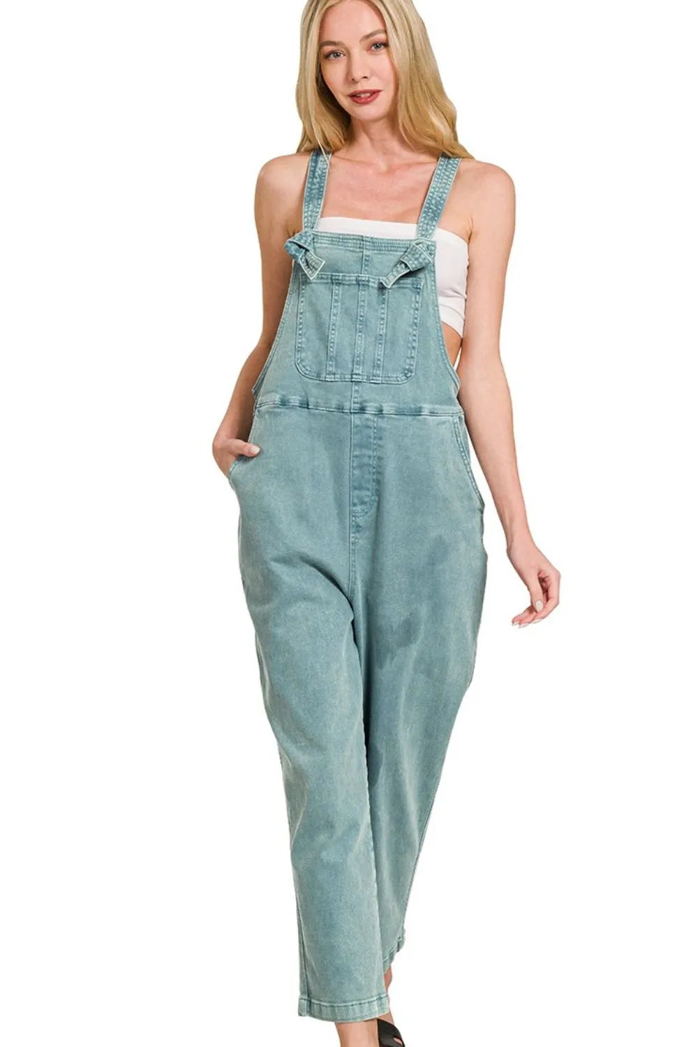 Zenana Teal Washed Knot Strap Relaxed Fit Overalls TEAL