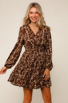 Haptics Mocha Floral Smocked Waist Tiered Woven Dress