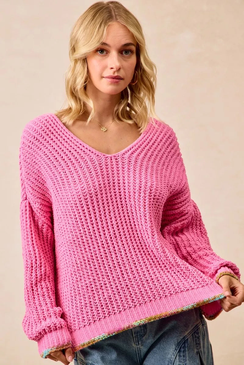 BiB Pink V-Neck Sweater with Colorful Trim